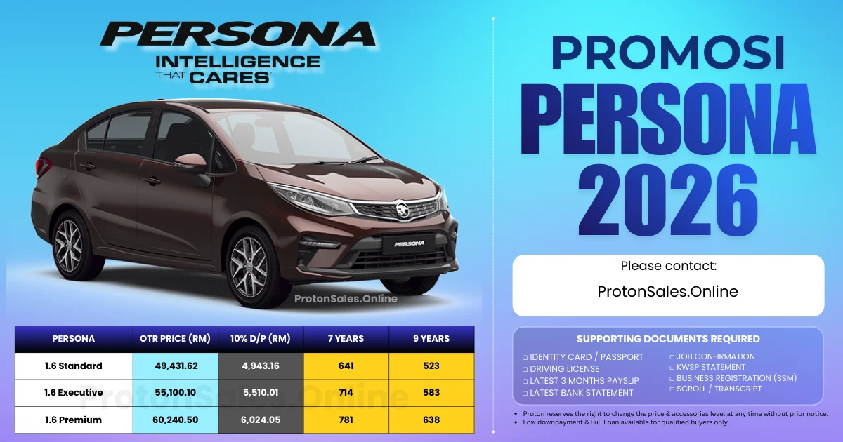 Harga Proton Persona 2026 – Harga OTR, Promosi & Ansuran Bulanan Terkini