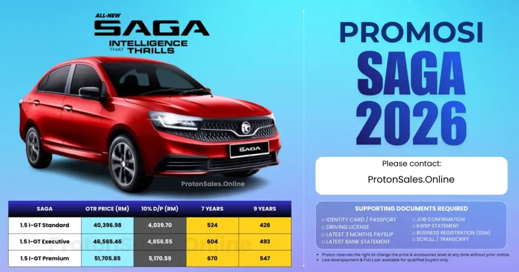 Harga Proton Saga 2026 – Harga OTR, Promosi & Ansuran Bulanan Terkini