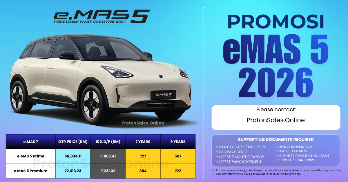 Harga Proton eMAS 5 2026 – Harga OTR, Promosi & Ansuran Bulanan Terkini