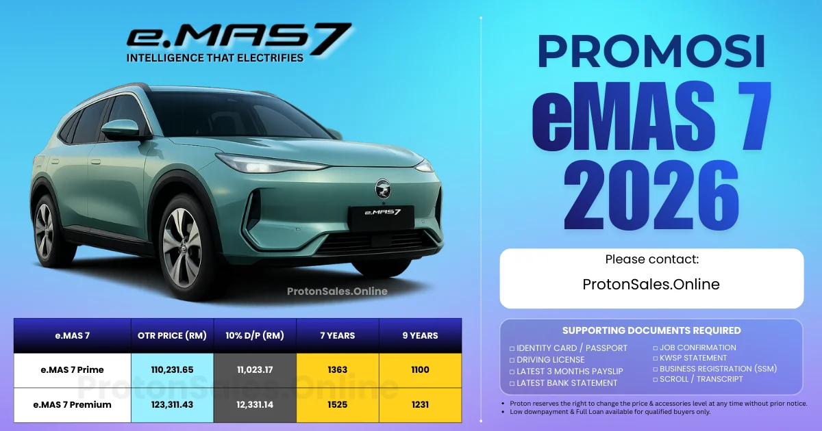 Harga Proton eMAS 7 2026 – Harga OTR, Promosi & Ansuran Bulanan Terkini